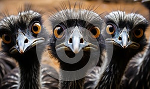 Cluster of Emu Heads with Expressive Eyes and Dark Feathers Curious Gaze of Flightless Birds Group Portrait