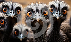 Cluster of Emu Heads with Expressive Eyes and Dark Feathers Curious Gaze of Flightless Birds Group Portrait