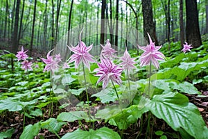 cluster of endangered calypso orchids in a forest