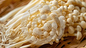 Cluster of enoki mushrooms with white stems and caps on a natural textured surface