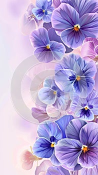 A cluster of ethereal viola flowers floats against a gradient of pastel tones, creating a serene and dreamy atmosphere
