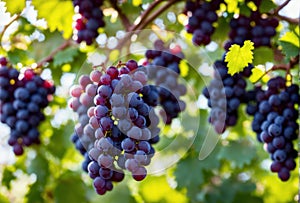 A cluster of fresh, dewy grapes hanging on the vine in the morning sunlight. AI generated.