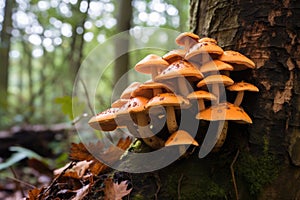 a cluster of fungi growing together on a tree trunk