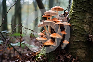 a cluster of fungi growing together on a tree trunk