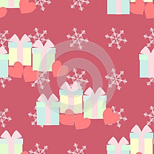 Cluster of gift boxes on snowflake seamless pattern .