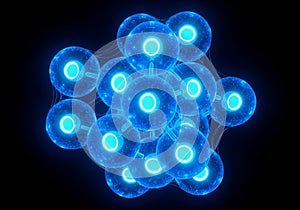 Cluster of glowing blue cellular structures with energetic inner cores interconnected in a scientific abstract visual