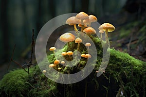 cluster of glowing fungi on a mossy rock
