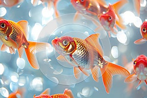 A cluster of goldfish is on a blue background.
