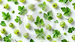 Cluster of Green Grapes and Leaves on White Surface