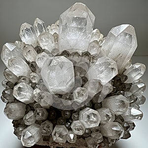 Crystals SiO2 featuring numerous hexagonal prisms and pointed terminati
