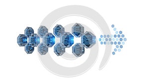 Abstract digital network flow with glowing blue nodes and arrow