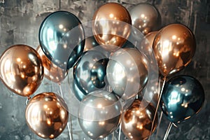A cluster of metallic balloons in various colors sitting on top of a table, An array of sparkling metallic balloons for a chic