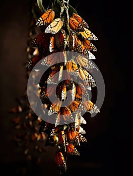 Cluster of monarch butterflies hanging from a plant