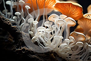A cluster of orange and white mushrooms on a dark background