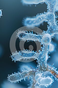 cluster of pale blue bacilli, adorned with frost-like structures against a dark background, symbolizing cold