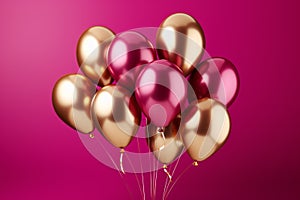 A cluster of pink and gold balloons floating in front of a pink backdrop