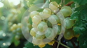 Cluster of plump grapes glisten under a water mist, suspended from a vine in a serene outdoor setting