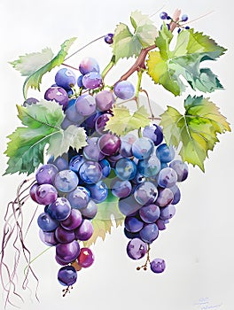 Cluster of purple grapes with green leaves growing on vine in Grapevine family