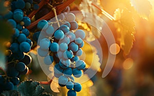 A cluster of ripe blue grapes basks in the warm glow of the setting sun