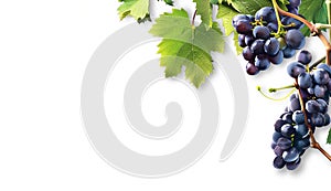 A cluster of ripe, deep purple grapes hangs from a vine. Isolated on white.