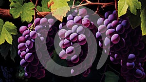 A cluster of ripe, purple grapes hanging from a vine