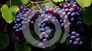 A cluster of ripe, purple grapes hanging from a vine