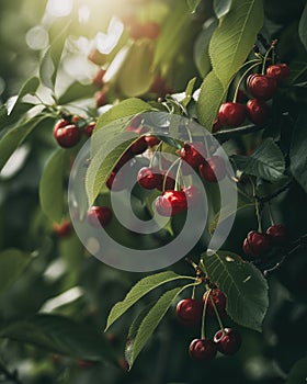 A cluster of ripe red cherries hang from the branches of a tree