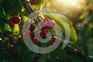 A cluster of ripe red cherries hang from the branches of a tree