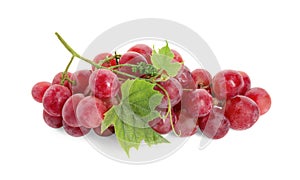 Cluster of ripe red grapes with green leaves on white background