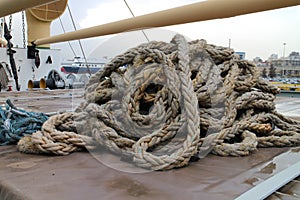 Cluster of rope on board of ship S.S. Hellas Liberty in haven of Piraeus