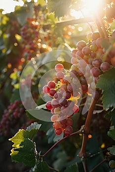 Cluster of seedless green grapes on a vine, natural produce from woody plant