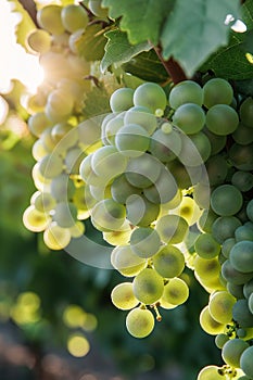 Cluster of seedless green grapes on a vine, natural produce from woody plant