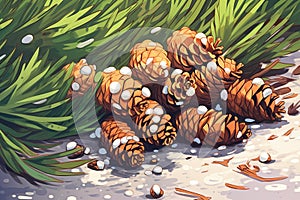 cluster of snow-covered pine cones on forest floor