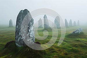 A cluster of substantial rocks positioned in the center of an open field under a clear blue sky, Ancient stone circles in the