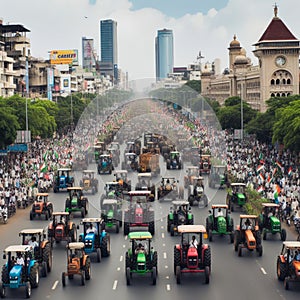 A cluster of tractors on a city road, a demonstration,a protest of farmers in Europe,Economic crisis