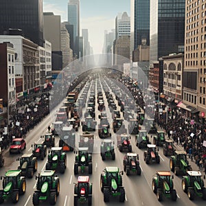 A cluster of tractors on a city road, a demonstration,a protest of farmers in Europe,Economic crisis