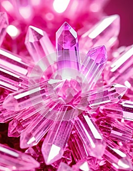 Cluster of transparent colorful crystals, close-up abstract pink background