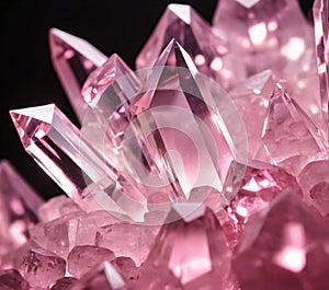Cluster of transparent pink crystals close-up on black backgroun