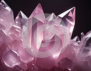 Cluster of transparent pink crystals, close-up on black background