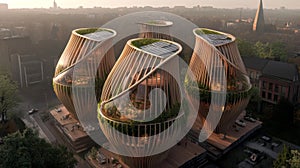 Innovative Architecture Showcasing Sustainable Design in a Smart City Environment With Renewable Energy Features photo