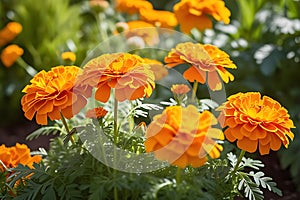 A Cluster of Vibrant Marigolds: Saturated Orange Petals Intermingling with Dashes of Yellow, Nestled in Natural Harmony