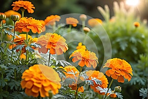 A Cluster of Vibrant Marigolds: Saturated Orange Petals Intermingling with Dashes of Yellow, Nestled in Natural Harmony