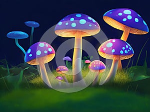 A cluster of vibrant mushrooms perched atop a luxuriant green field beneath a deep purple sky.