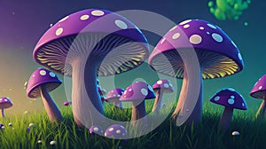 A cluster of vibrant mushrooms perched atop a luxuriant green field beneath a deep purple sky.