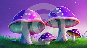 A cluster of vibrant mushrooms perched atop a luxuriant green field beneath a deep purple sky.