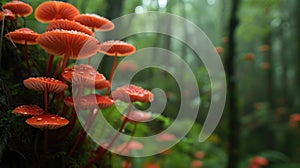 Cluster of vibrant orange mushrooms growing in a lush forest