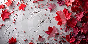 A cluster of vibrant red leaves scattered on a clean white surface