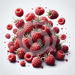 A cluster of vibrant red raspberries spread out on a white surface photo