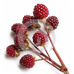 A cluster of vibrant red thimbleberries on a stem, isolated on white background Ai Generared
