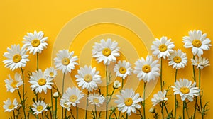 Cluster of white daisies on warm yellow background and copy space photo